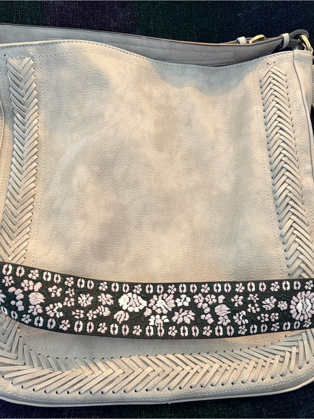 Light Gray Braided Leather Shoulder Bag with Embroidered Strap